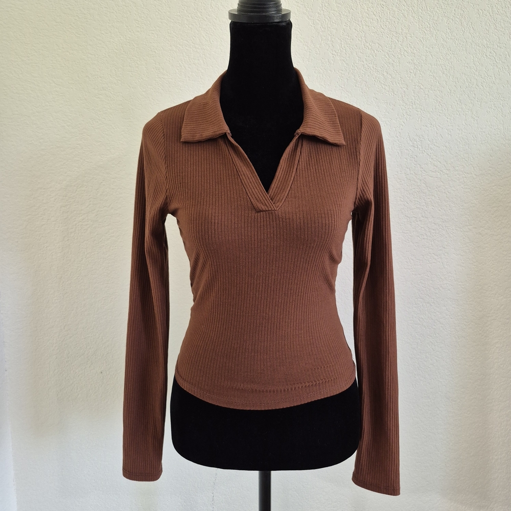 Caution To The Wind Ribbed Notch-Collar Long Sleeve Top — Brown